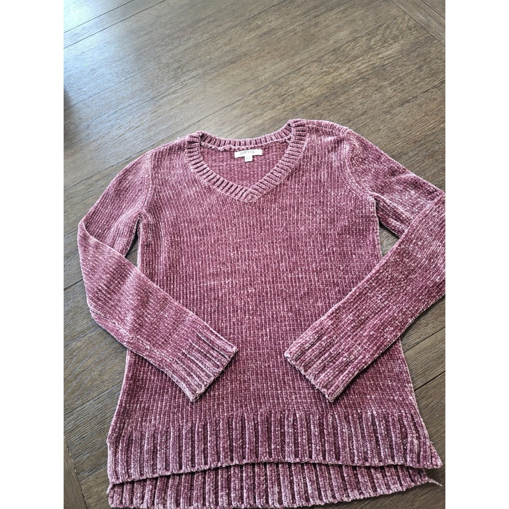 Orvis Chenille Pullover Sweater Small Mauve Pink V Neck Side Slits Sof Warm Cozy